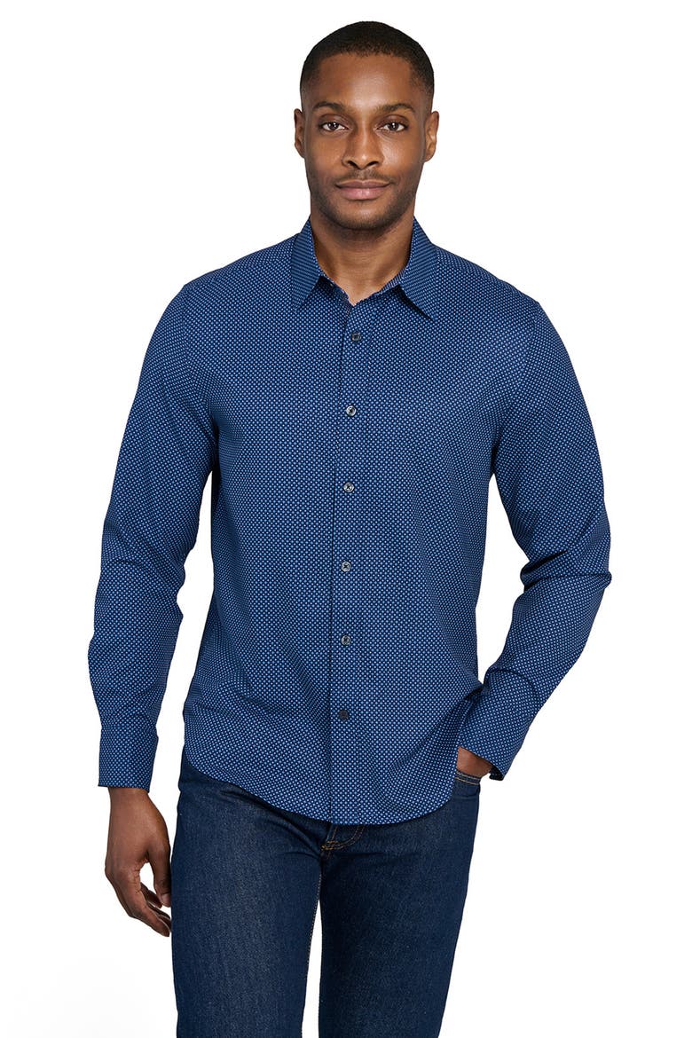 Slim Fit Micro Geometric 4-Way Stretch Performance Button-Up Shirt, Alternate, color, LIGHT BLUE/ NAVY