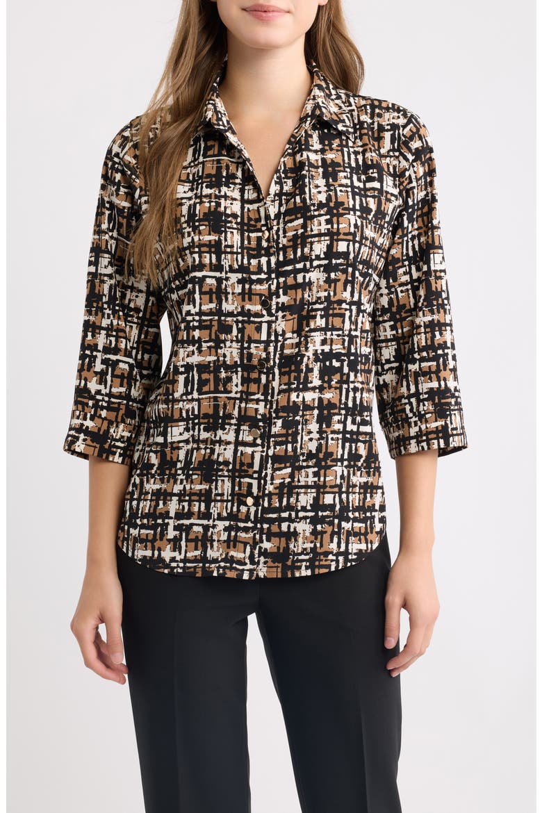 Grid Print Three-Quarter Sleeve Button Front Shirt, Main, color, VICUNA MULTI