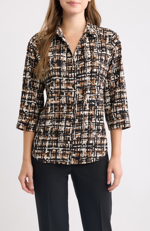 Grid Print Three-Quarter Sleeve Button Front Shirt