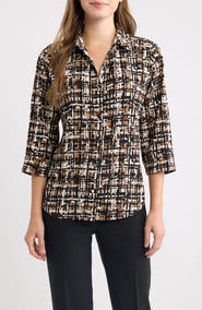 AK ANNE KLEIN Grid Print Three-Quarter Sleeve Button Front Shirt