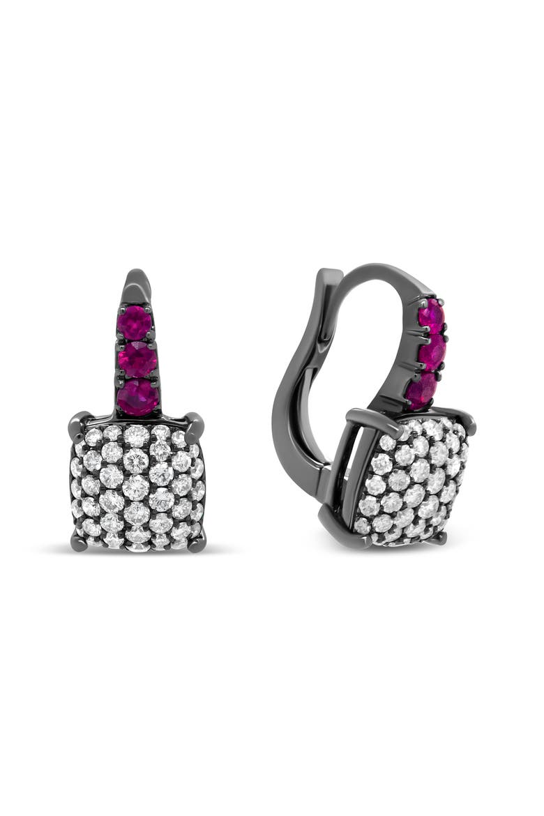 Rhodium over 18K White Gold 7/8 Ctw Diamond and Graduated Red Ruby Drop Earrings, Alternate, color, White
