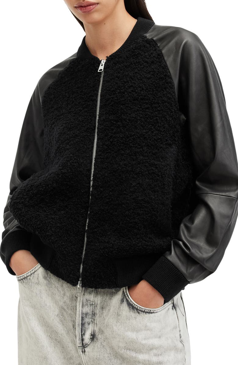 AllSaints Renata Leather Sleeve Wool Blend Bomber Cardigan, Alternate, color, Black