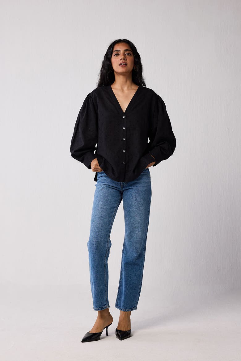 Embroidered Shirt with Long Balloon Sleeves, Alternate, color, Black