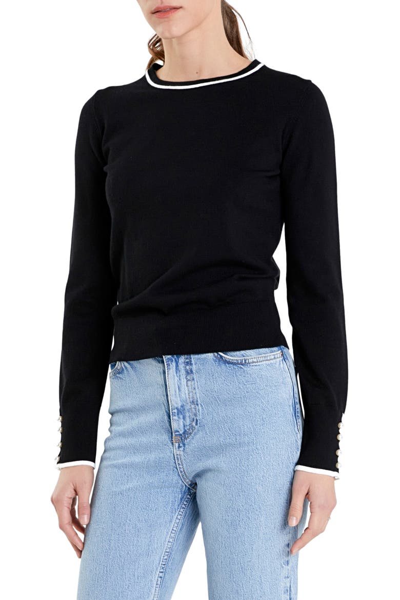 Button Detail Tipped Sweater, Alternate, color, BLACK/ WHITE