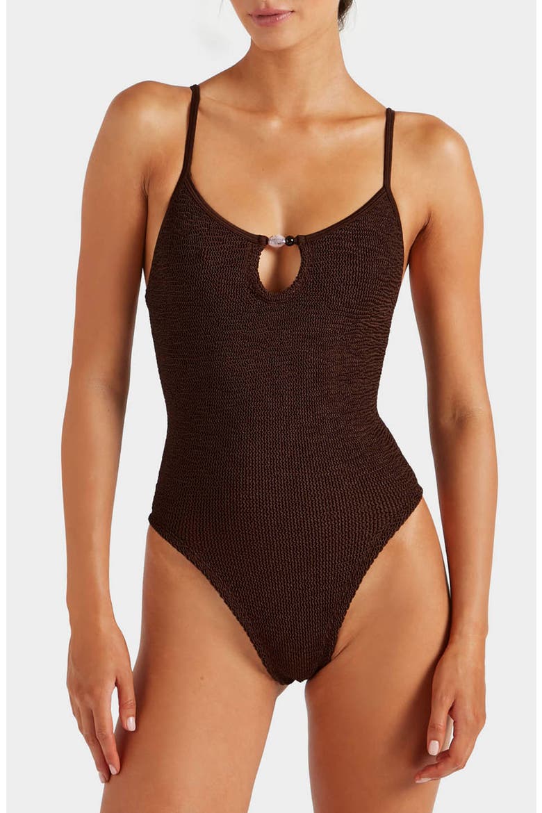 Mia Beaded One-Piece Swimsuit, Main, color, METALLIC CHOCOLATE
