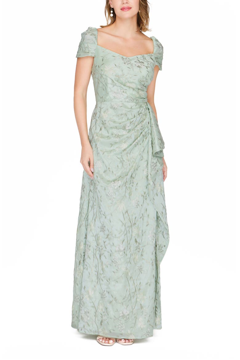 Blossom Cascade Embroidered Pleated Gown, Alternate, color, SEA FOAM