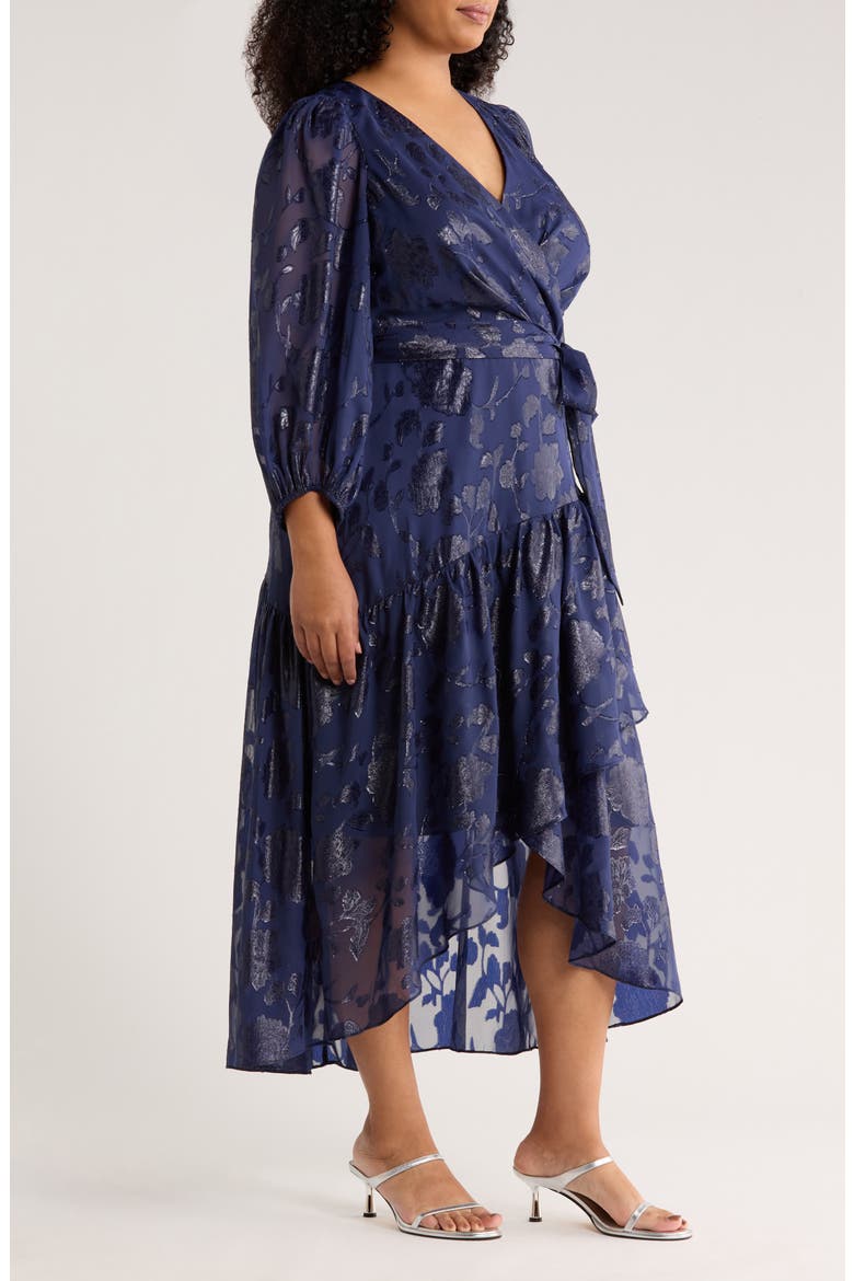 Metallic Long Sleeve High-Low Wrap Dress, Alternate, color, DISTANT MOUNTAIN