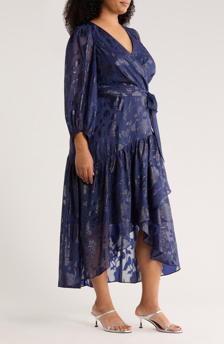 Anne Klein Metallic Long Sleeve High-Low Wrap Dress, Alternate, color, Distant Mountain