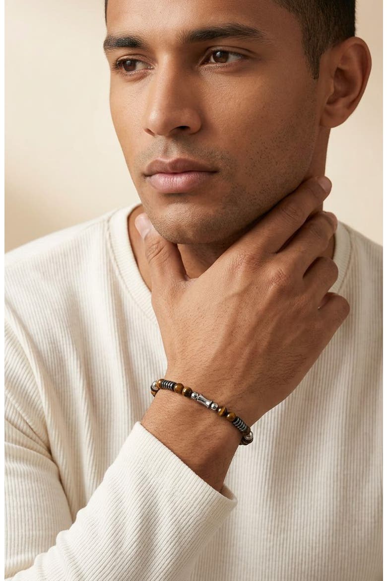 Men's Marcus Tiger's Eye Beaded Bracelet, Alternate, color, SILVER