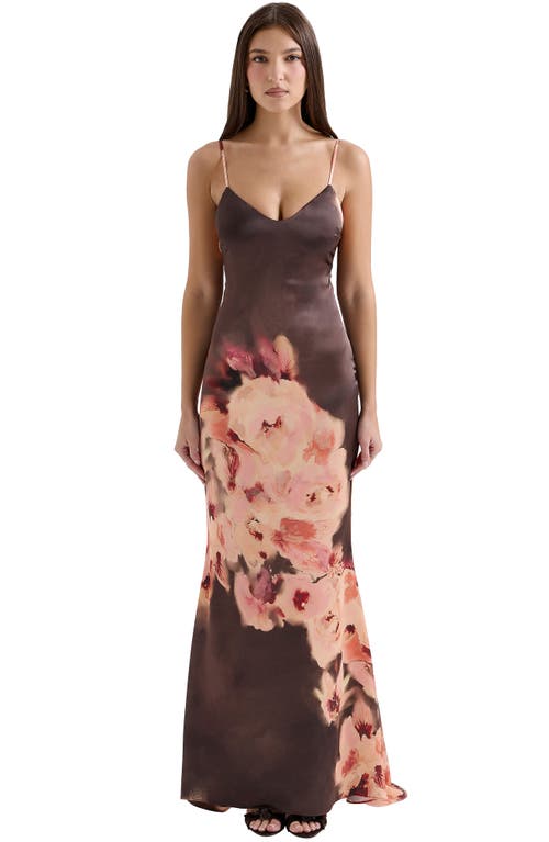 House Of Cb Mariamma Placement Print Satin Gown In Floral Print