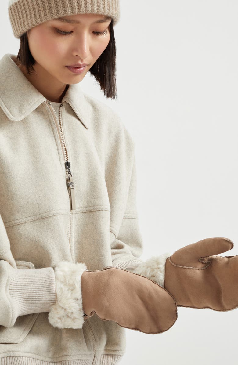 Brunello Cucinelli Fuzzy shearling mittens, Alternate, color, Hazelnut