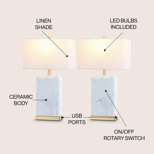 Jonathan Y Chloe 24.5" Modern Coastal Iron/marbled Ceramic Led Table Lamp With Usb Charging Port, Bl In Blue/white