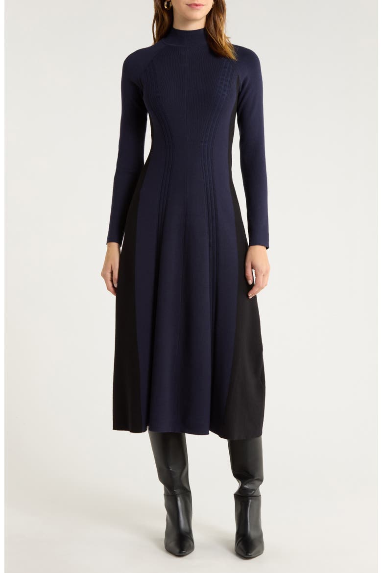 Zaya Mock Neck Long Sleeve Rib Dress, Main, color, NAVY/BLACK
