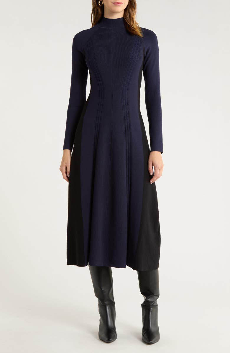 Reiss Zaya Mock Neck Long Sleeve Rib Dress, Main, color, Navy/Black