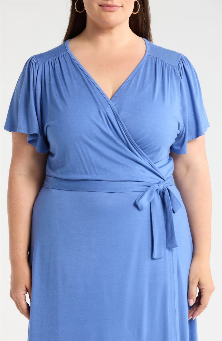 Loveappella Flutter Sleeve Faux Wrap Jersey Dress, Alternate, color, Denim