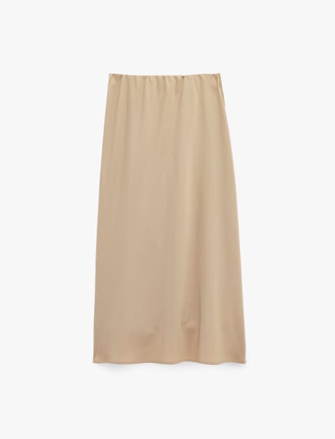 Elastic Waist Satin Midi Skirt