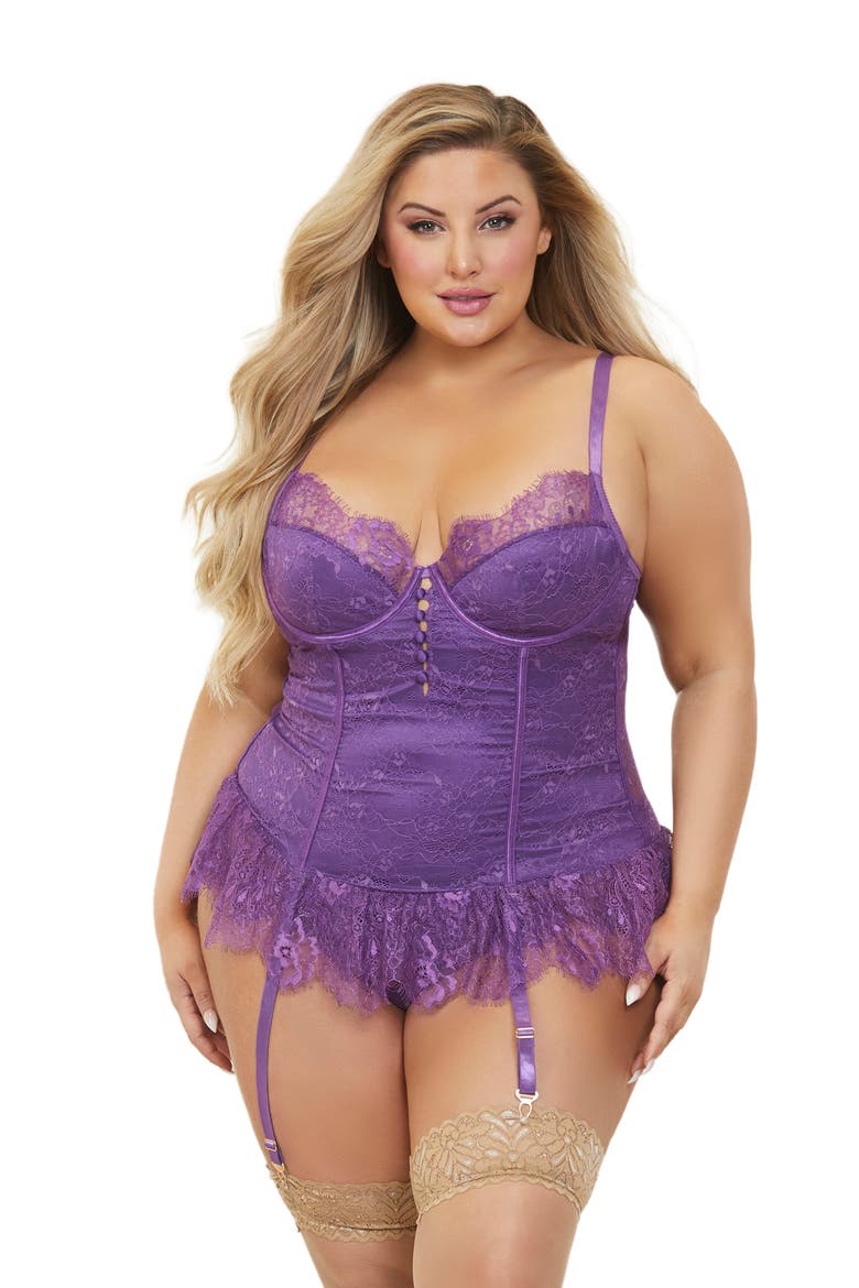 Lace Skirted Basque & Thong Set, Alternate, color, PURPLE