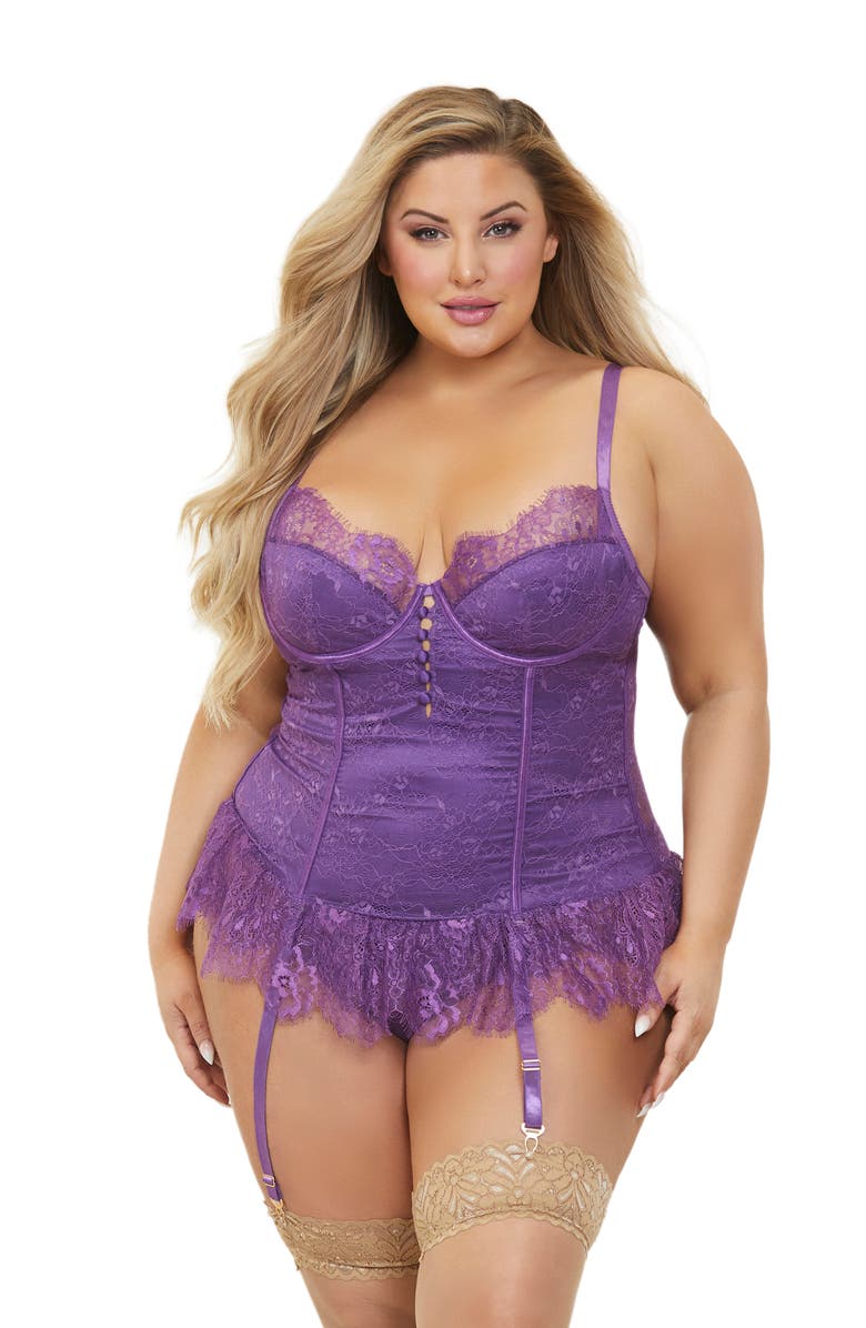 Seven ‘til Midnight Lace Skirted Basque & Thong Set, Alternate, color, Purple