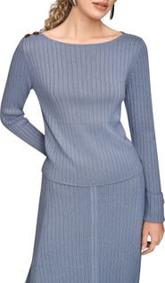 Donna Karan New York Button Shoulder Boat Neck Rib Sweater