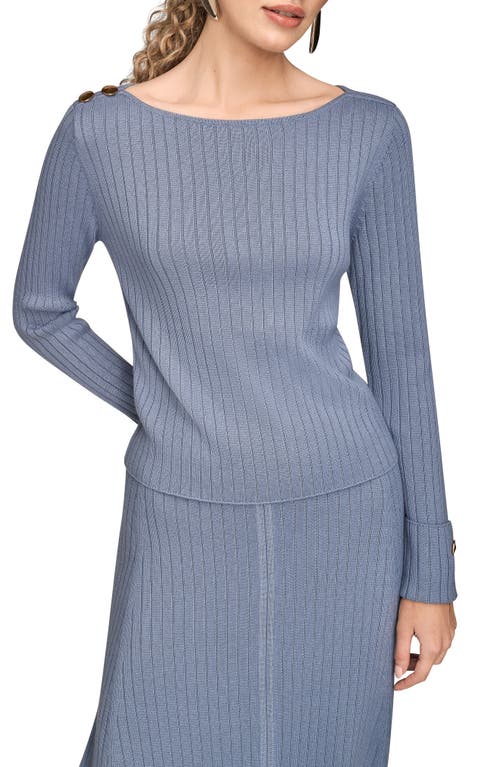 Donna Karan New York Button Shoulder Boat Neck Rib Sweater In Gray