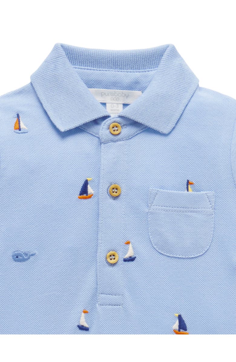 Purebaby Embroidered Polo Romper, Alternate, color, Yacht Broderie