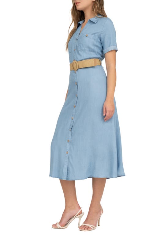 August Sky Short Sleeve Belted Chambray Shirtdress In Chambray