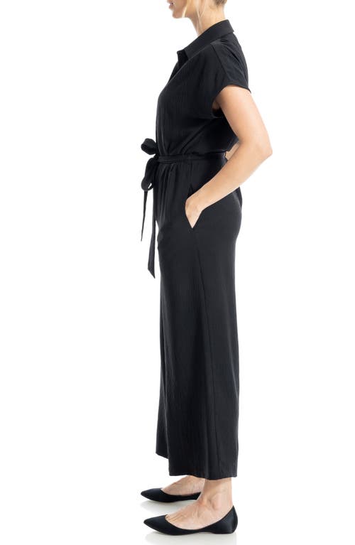 Max Studio Collared Short Sleeve Tie Waist Jumpsuit In Black