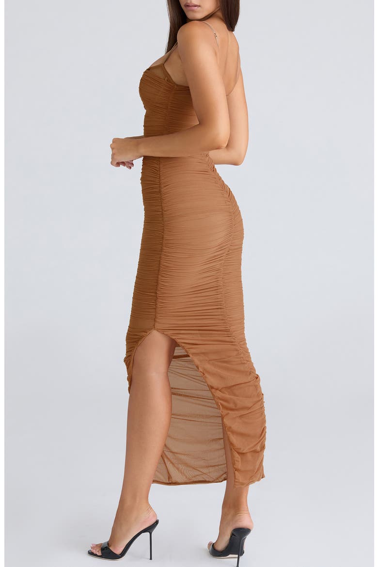 Fornarina Ruched Mesh Maxi Dress, Alternate, color, TAN