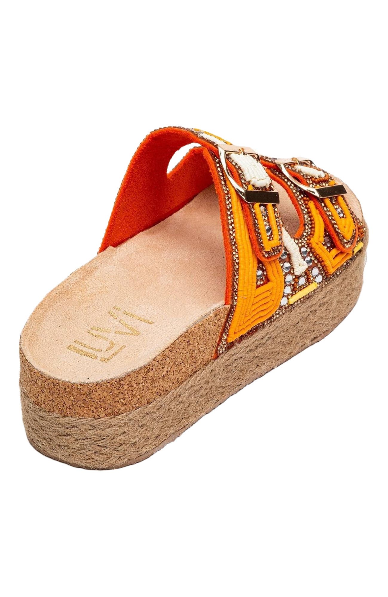 Bobby Beaded Straw Platform Slide Sandal, Alternate, color, Orange Faux Leather