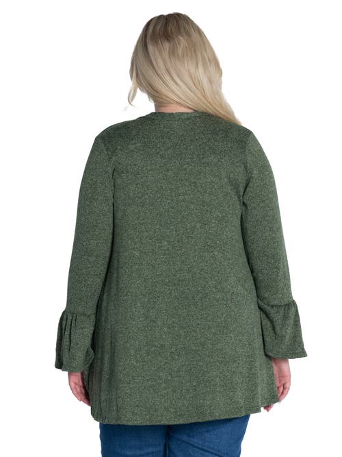 24seven Comfort Apparel Plus Size Knit Three Quarter Bell Sleeve Open Cardigan In Green