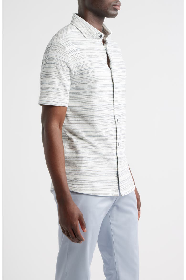 Pinstripe French Terry Short Sleeve Button-Up Shirt, Alternate, color, LIGHT BLUE