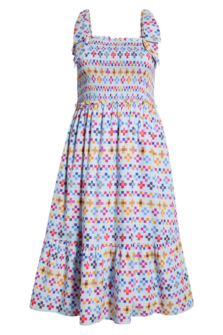 Kessa Geo Print Smocked Sleeveless Midi Dress, Alternate, color, LIGHT-BLUE-MULTI