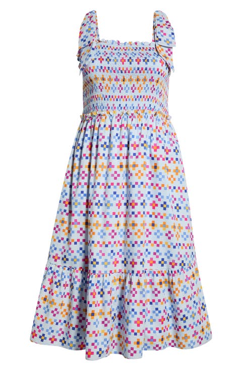 Kessa Geo Print Smocked Sleeveless Midi Dress (Plus)