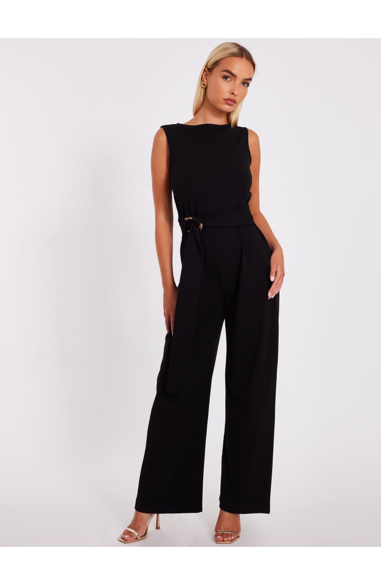QUIZ Scuba Crepe Jumpsuit with Gold Buckle, Main, color, Black