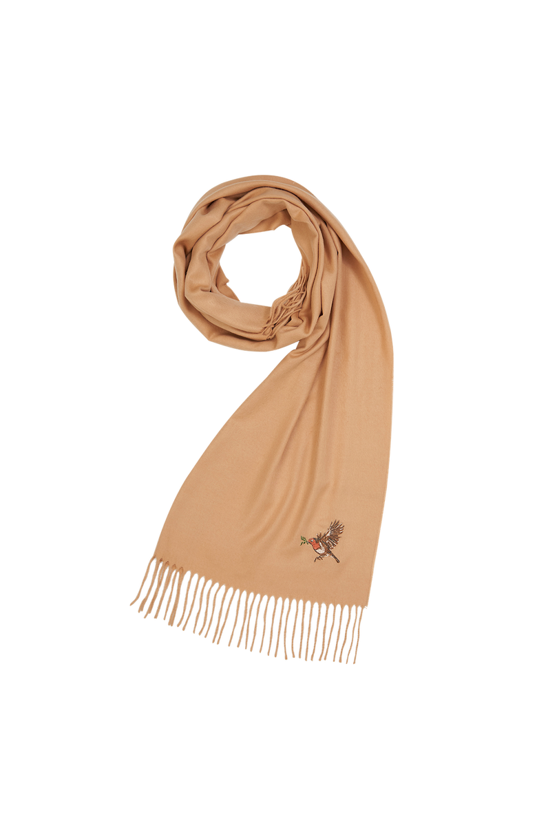 Fable England Robin Embroidered Cosy Camel Scarf, Main, color, Tan