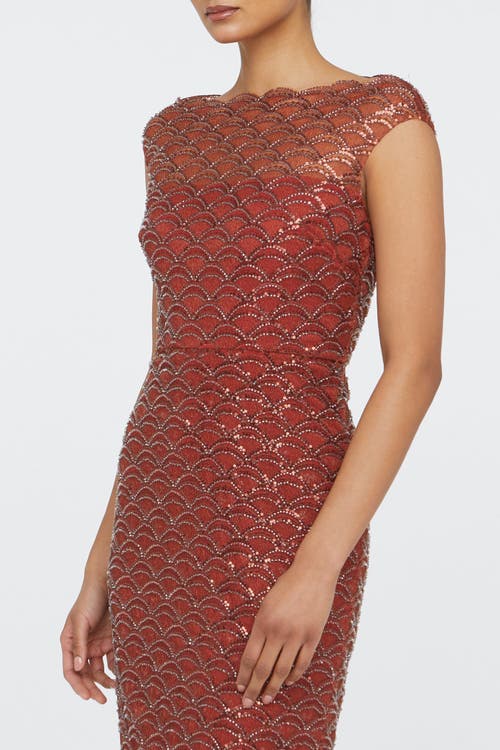 Theia Aura Beaded Column Gown In Brown