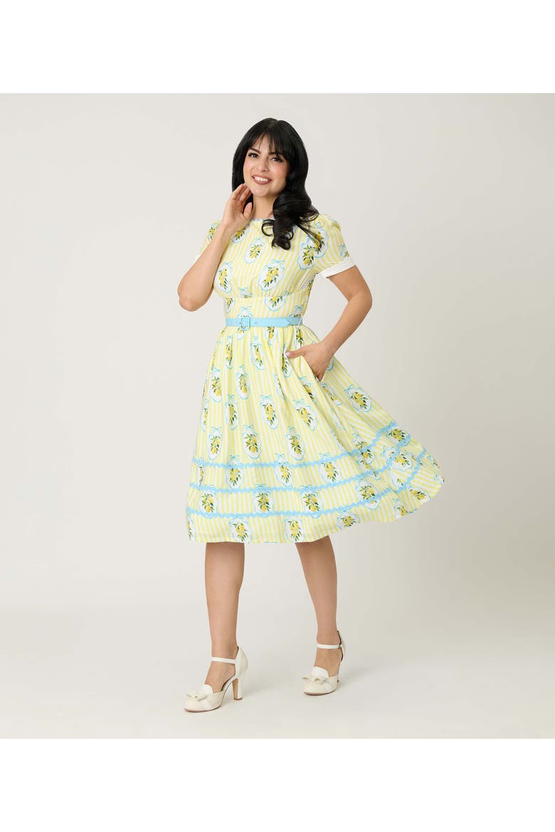 Boatneck Ricrac Swing Dress, Alternate, color, Yellow Stripe W/ Lemon Print