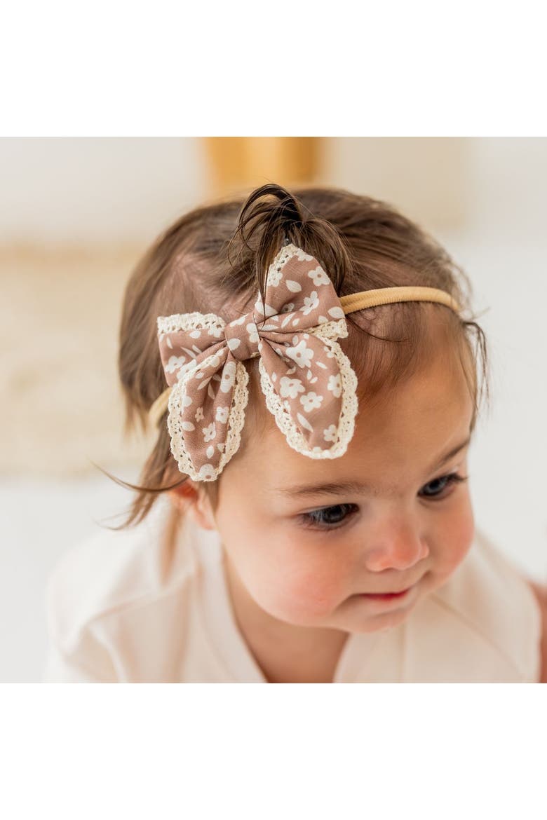 Mocha Floral Lace Bow Baby Headband, Alternate, color, Brown