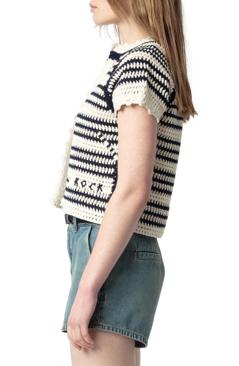 Zadig & Voltaire Zelie Stripe Open Stitch Short Sleeve Cotton Cardigan, Alternate, color,