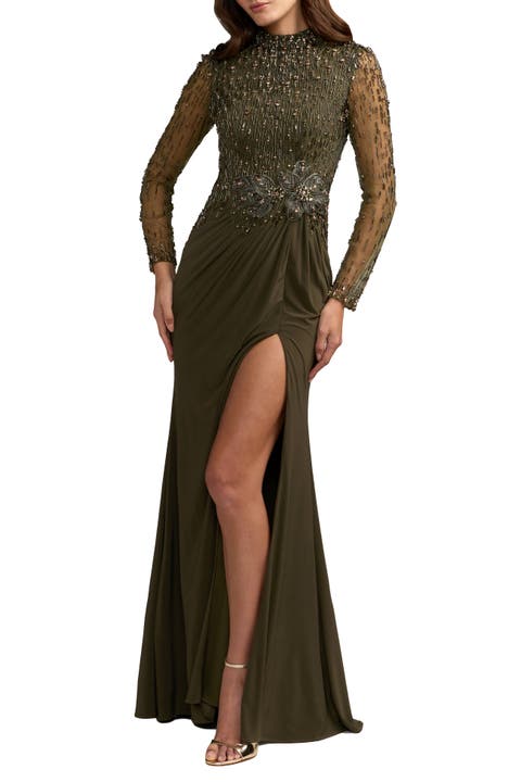 Beaded Mock Neck Jersey Gown