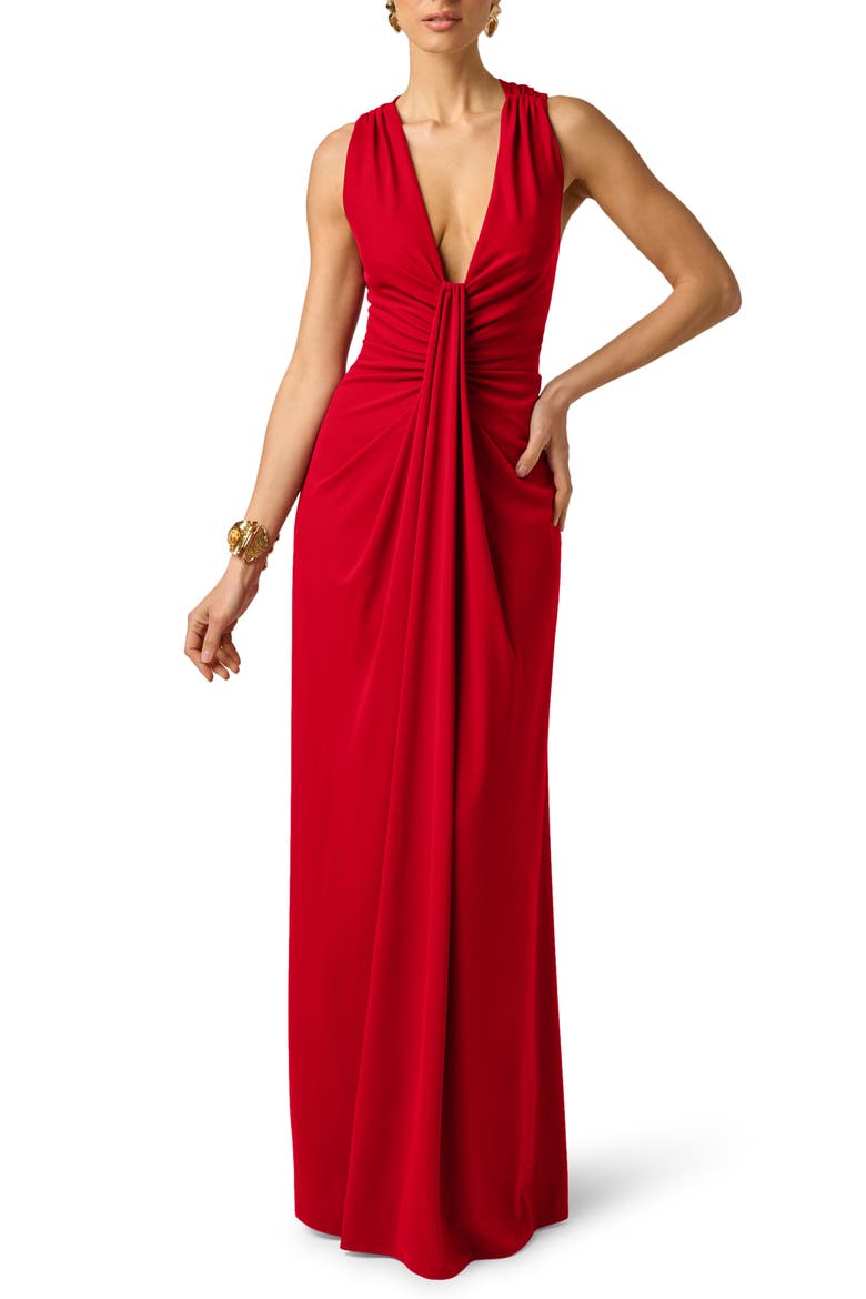 Ruched Drape Sleeveless Jersey Gown, Main, color, RED