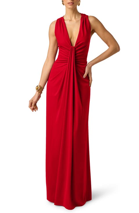 Ruched Drape Sleeveless Jersey Gown