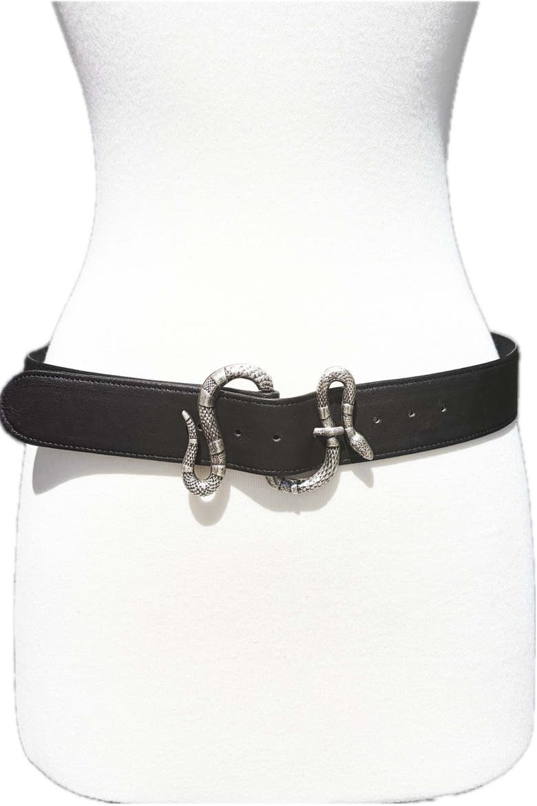 Thin Snake Buckle Leather Belt, Main, color, Black