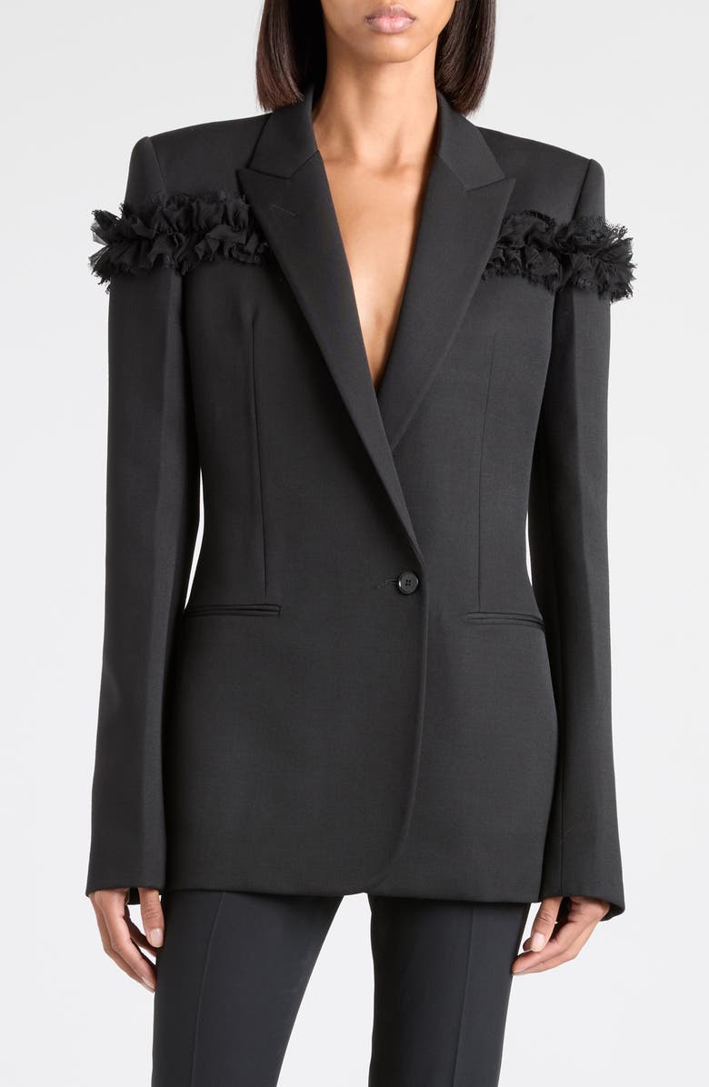 McQueen Slashed Ruffle Wool Blazer, Main, color, Black