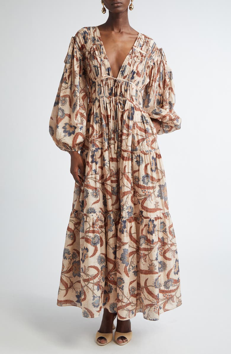 Zimmermann Ascension Tie Billow Long Sleeve Tiered Maxi Dress, Main, color, Blue Indienne Floral