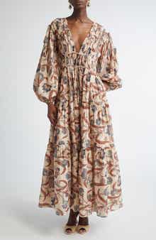Zimmermann Ascension Tie Billow Long Sleeve Tiered Maxi Dress