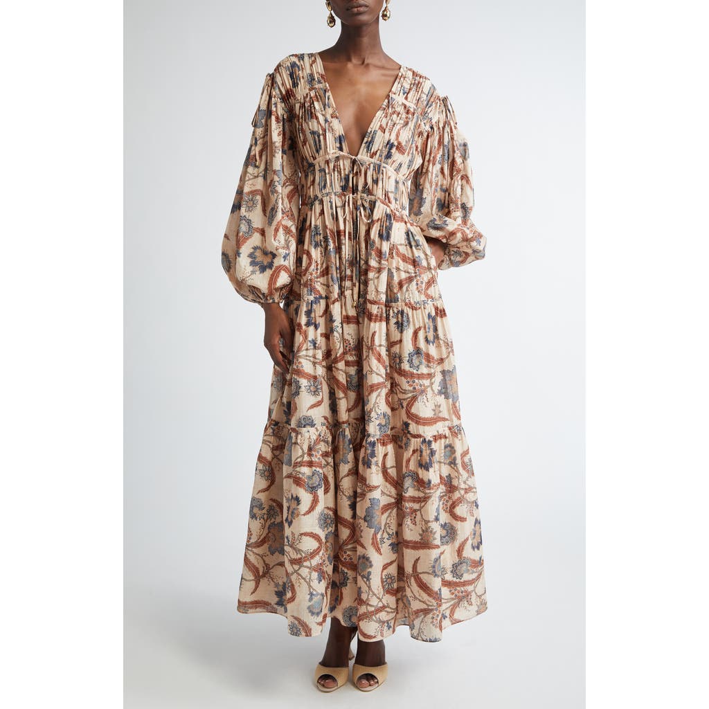Zimmermann Ascension Tie Billow Long Sleeve Tiered Maxi Dress in Blue Indienne Floral  product