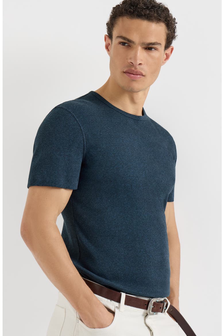 Denim-effect ribbed cotton jersey crew neck T-shirt, Alternate, color, Navy Blue