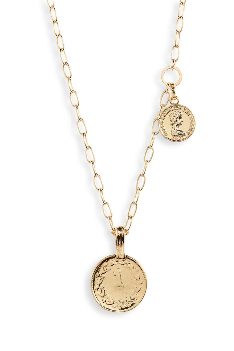 Double Coin Pendant Necklace, Main, color, GOLD