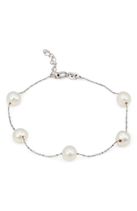 Cultured Pearl Sterling Silver Station Bracelet